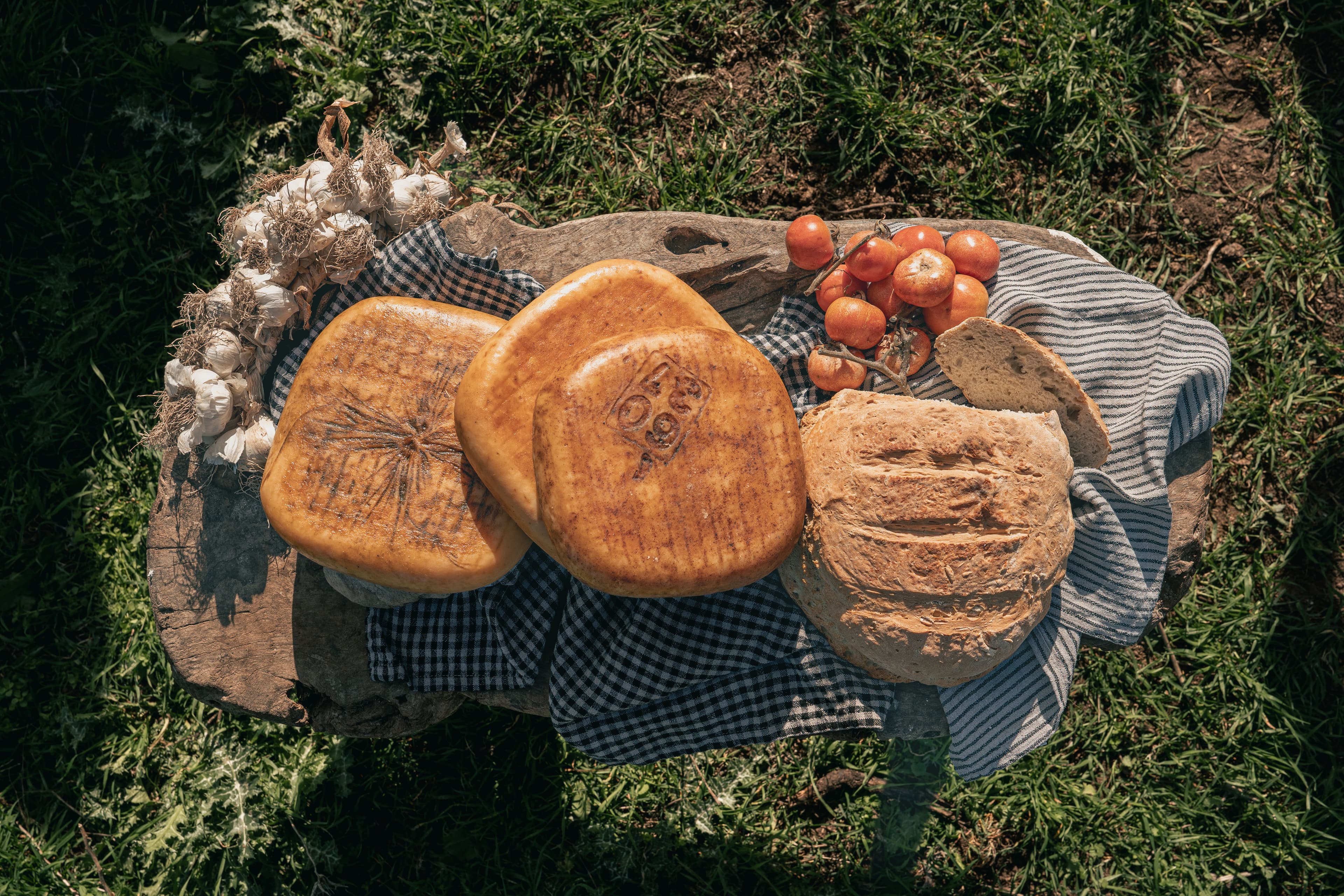 Quesos de Binisues con pan, tomate y ajos en el campo