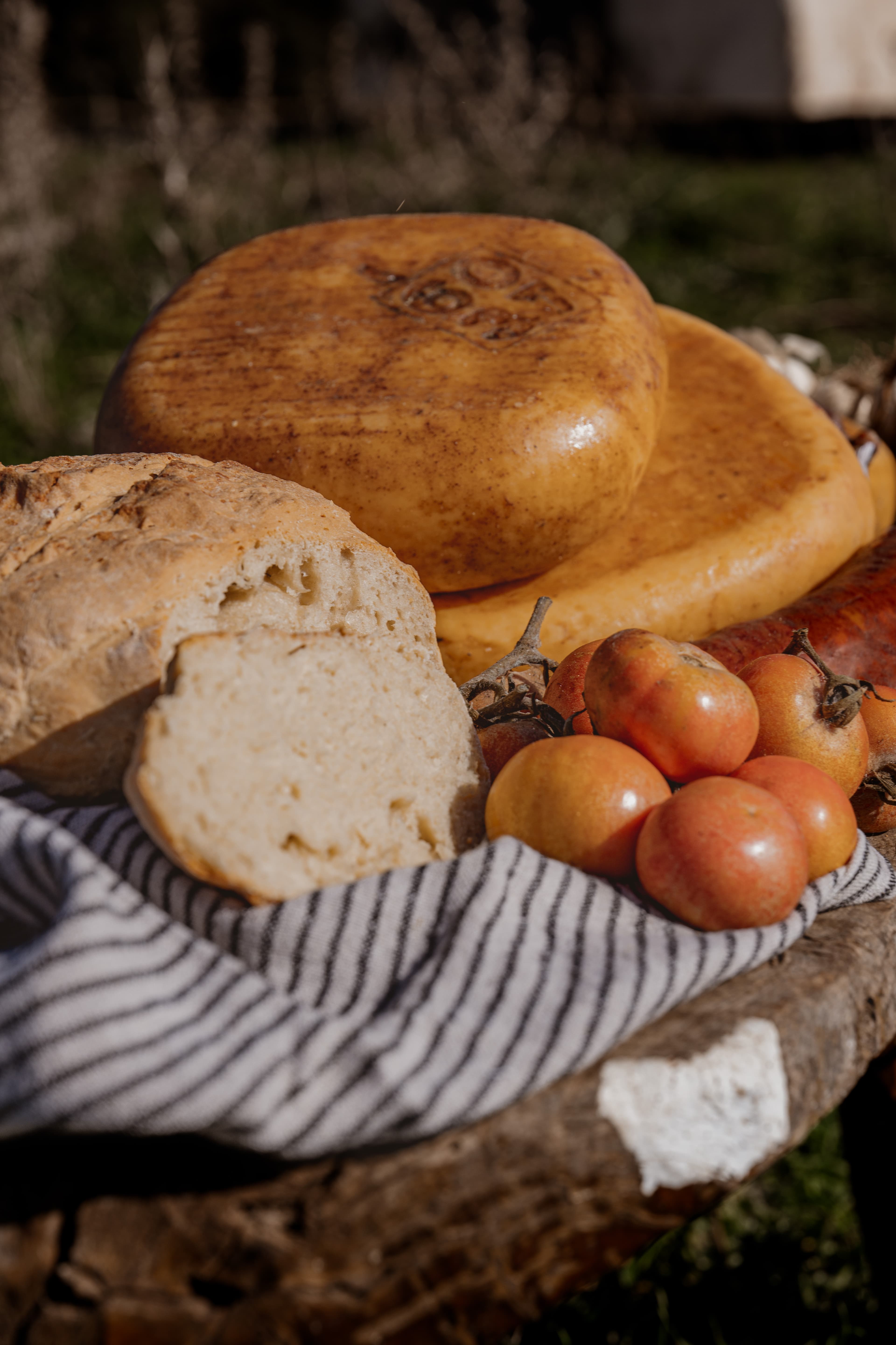 Quesos, tomate y pan de campo