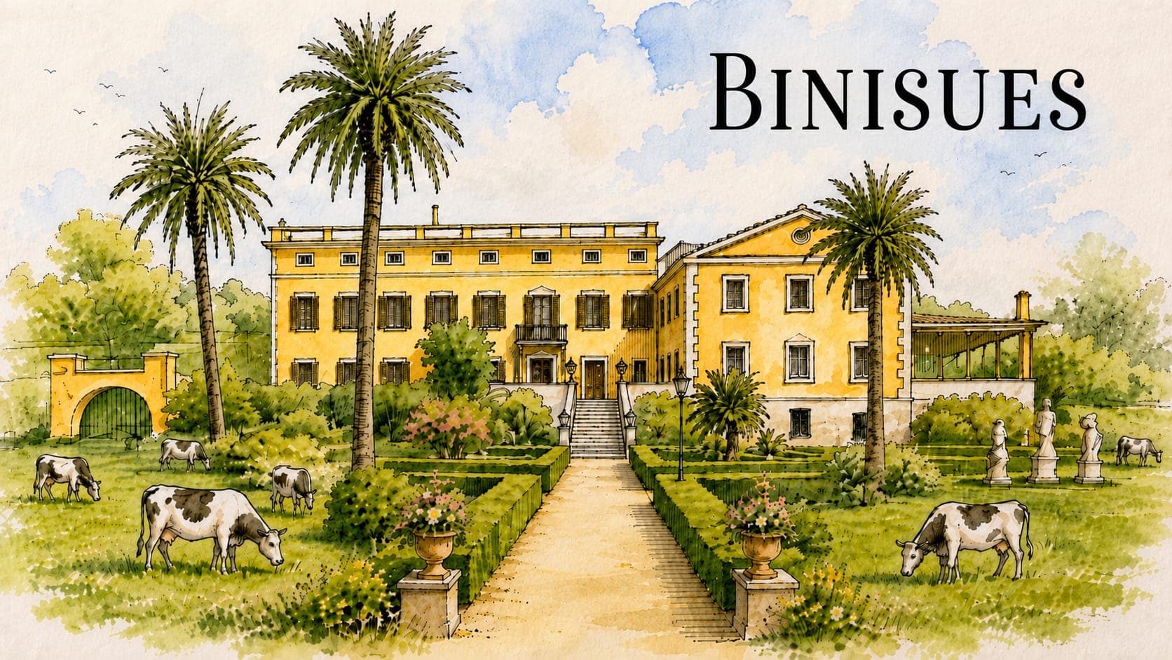 Ilustración de Finca Binisues entre palmeras y vacas